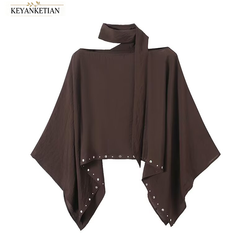 Blouse Off Shoulder - KEYANKETIAN Dark Brown Off Shoulder Cape