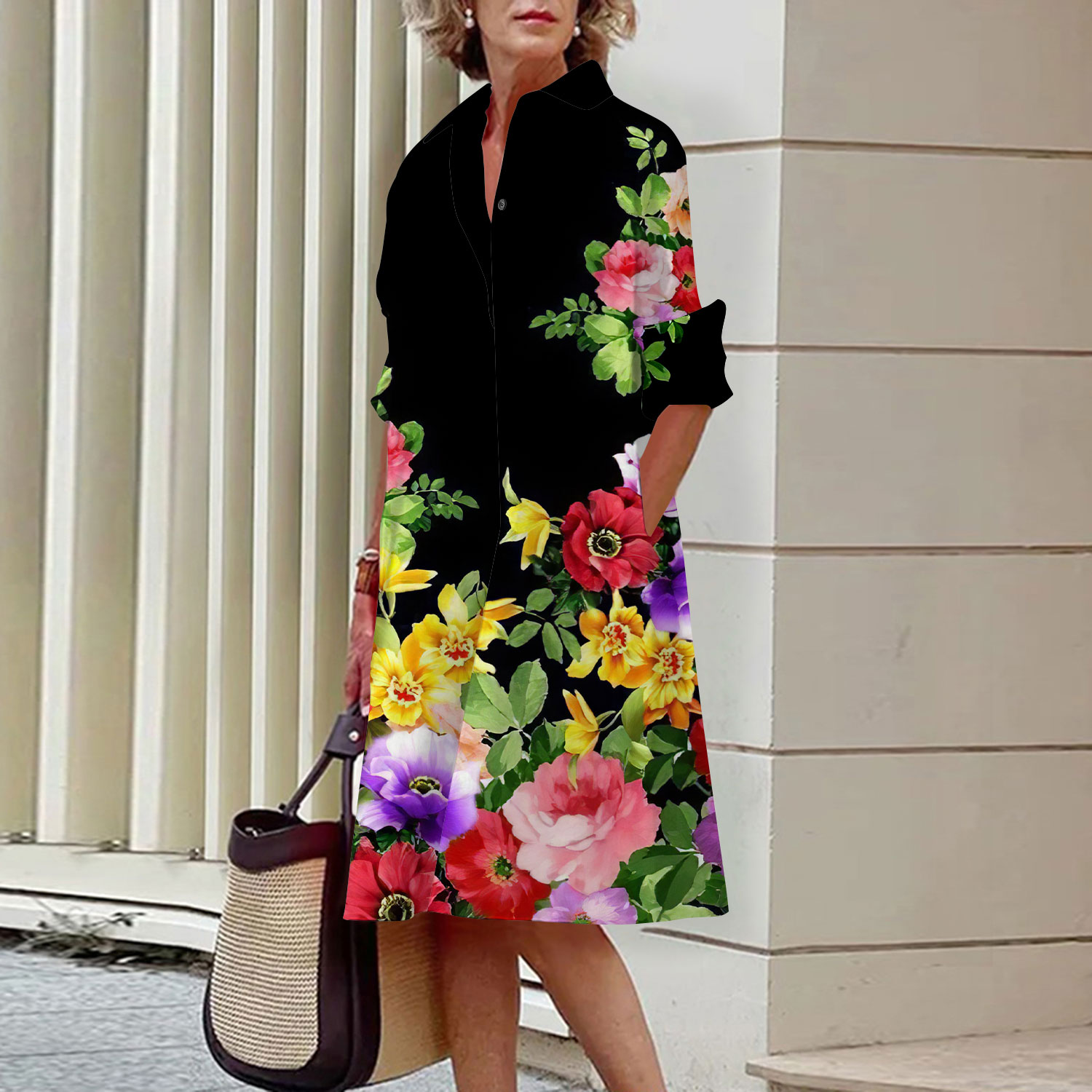 Floral Pattern Shirt Dress Ele - огляд і ціна Midi Skirt Floral